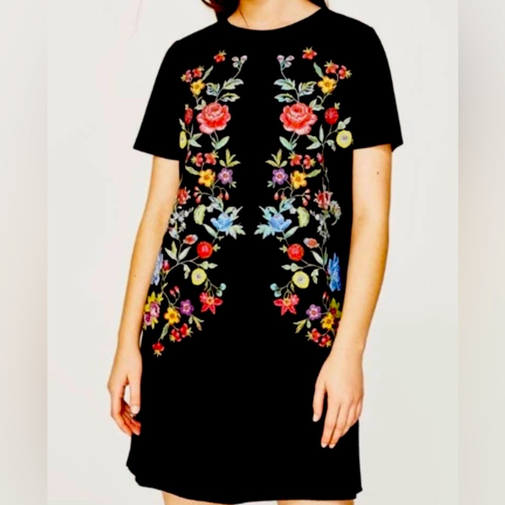 Zara Black Knit Dress With Rubberized Painted Florals Size M